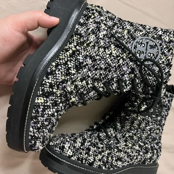 Tory Burch Black and White Tweed Ankle Boots - Picture 4 of 9